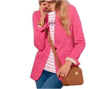 Talbots Easy Knit Blazer Stretch Twill Pink 16 Petite Polka Dot Lining Preppy